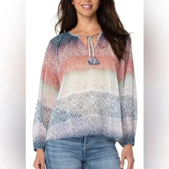 [M] LIVERPOOL LONG SLEEVE SHIRRED BLOUSE WITH NECK  TIES - Picture 1 of 8